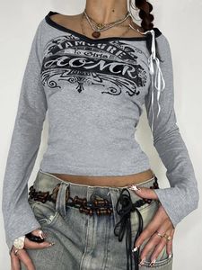 Women's T Shirts 2000s Aesthetic Shirt Graphic Print Long Sleeve Tops Y2k Women Clothes Fairycore Grunge Tee Streetwear