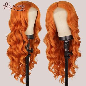 I's a wig Long Body Wave Ginger Orange Wigs Synthetic Lace Wigs for Women Highlight Black Brown Middle Part Wig Cosplay Hair 240116