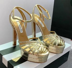 Hochwertige Aquazzura-High-Heel-Schuhe, Knöchelriemen, Plateau-Absatz-Sandalen, Pumps, Gold-Silber, klobige Block-Abendschuhe, Designer-Party-Hochzeitsschuhe, mit Box