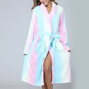 Women's Sleepwear Women Striped Printing Nightgown Warm Flannel Thickened Bathrobe Lightweight Long Pockets Robes Plus-size Pajamas