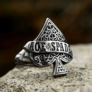 Punk 14K vitguld Lucky Black Spade A Playing Card Ring Mans Fashion Vintage Letter A Finger Rings Creative Smyckesgåvor