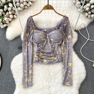 Damenblusen, Herbstmode, Chiffonbluse für Frauen, Blumendruck, quadratischer Kragen, eingebauter BH, Langarmshirts, lässige Damenoberteile