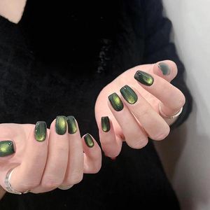 False Nails 24Pcs Cat Eye Green Press-on Nail Imitation Opal Style Handmade Square Artificial For Salon Expert Naive Women Fake