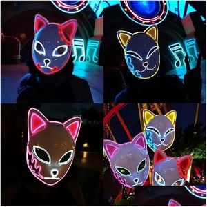 Demon Slayer Glowing El Wire Mask Kimetsu No Yaiba Charaktere Cosplay Kostümzubehör Japanischer Fuchs Halloween Led 916 Drop Delive Dh6Ez