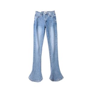 Europeiska och amerikanska jeans och byxor, kvinnors nya design, smal passform, superbantning, långa ben, något utblåsta personliga hästskobyxor