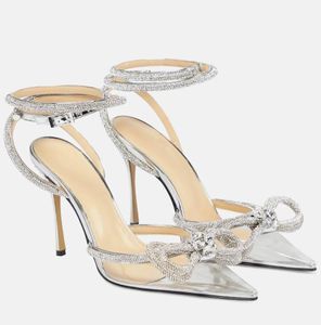 Элегантные брендовые атласные туфли на высоком каблуке с двойным бантом, женские туфли-лодочки на высоком каблуке с кристаллами, вечерние, свадебные, женские туфли-лодочки с заостренным носком, EU35-40