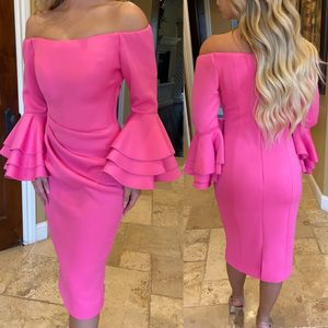 Pink Cocktail Party Dress 2k24 Long Bell Sleeve Babydoll Junior Lady Pageant Winter Semi Formal Event Hoco Gala Graduation NYE Gown Off-Shoulder Boat Neck Knee Length