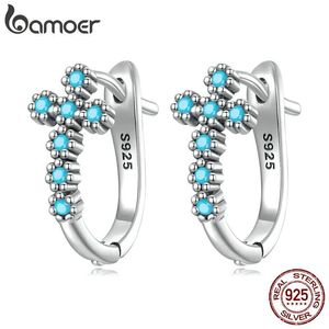 Display Bamoer Sterling Sier Turquoise Cross Ear Buckles for Women Fine Jewelry Ushaped Hoop Stud Earrings Wedding Gift Sce1478