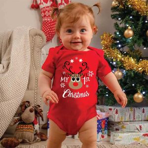 Saldırılar benim 1. Noel Geyik Ağacı Baskı Bebek Kırmızı Romper Pamuk Kısa Kollu Yenidoğan Erkek Kız Kızlar Bodysuits Noel Giyim Partisi hediyeVaiduryc