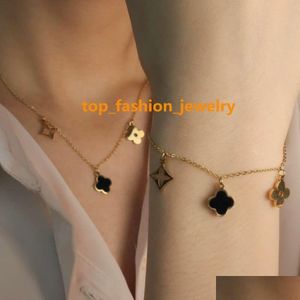 Lucky Four Leaf Clover Bracelet Necklace Set Jewelry Trendy Woman 14K Gold Pvd Plated Stainless Steel Drop Delivery Dhrtm