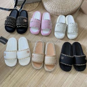 Chan c broderade tofflor mule tweed läder tofflor väver flätade sammanlåsning c sandaler kvinnor kanal stickade plattform tofflor pool glider strand flip flops