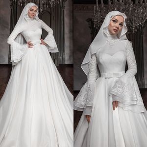 Muslimska spets bröllopsklänningar hög krage brudklänningar applikationer satin långa ärmar en linje båge brud klänningar skräddarsydda