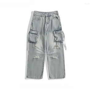 Herren Jeans Washed Distressed Multi-Pocket Ripped Work Trendy Street Straight Wide-Leg Casual Loose Denim Hosen Männliche Kleidung