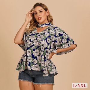 Casual plus size blusa feminina 4xl floral impressão primavera verão halter oco camisas babados manga larga feminino topos 240116