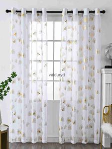 Curtain Gold Leaf Print White Sheer Curtains for Bedroom Window Treatment Set Grommet Topvaiduryd