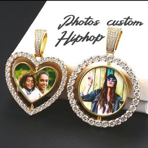 Dupla face personalizado coração pingente colar masculino hip hop jóias gelado bling zircônia pingente personalizado medalhões de memória po 240115