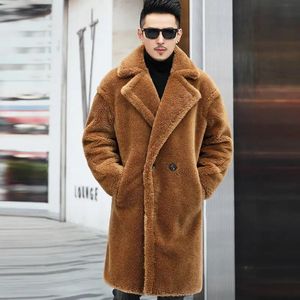 Inverno quente masculino casual couro outerwear roupas ovelhas corte longo alpaca jaquetas plus size masculino lapela solta pele trench coats 240116