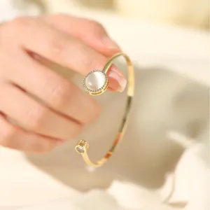 Charm Bracelets Minimalist Round Clear Stone Opening Bangle For Women Gold Color White Zircon Adjustable Wedding Jewelry