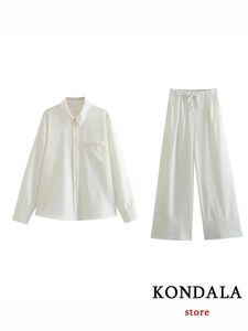 Kondala Vintage White Solid Linen Chic Suit Single Breasted Loose BlousEstraight Long Pants Fashion 2023 Summer Set 240115