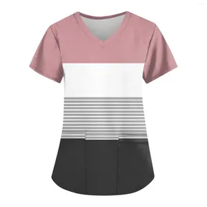 Women's T Shirts Fashion V-Neck Short Sleeve Workwear With Pockets Printed Tops Loose Top Clothes For Women Ropa De Mujer 2024