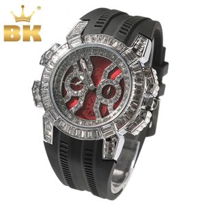 THE BLING KING Big Dail Herrenuhr mit weiß-blau-schwarzem Silikongürtel Iced Out Square Rhinstone Luxus-Armbanduhr 240115