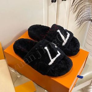 Slippers الفاخرة Sherpa Sandals Alphabet Designer Shoes Plush Autumn Winter Flat Sandals Solid Solid Fuzzy Fluffy Slippers Women’s Casual