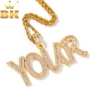 THE BLING KING Iced Cubic Zircon Baguettecz Initial Letters Pendant Necklace Words Name With 4mm CZ Tennis Chain Jewelry 240115