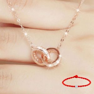 Classical Designer Jewellery Fashion Sterling Silver Double Ring Necklace Ladies Rose Gold Chain Round Diamond Pendant Jewellery Girlfriend Valentine's Day Gift