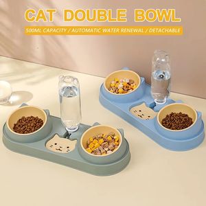 Doppelte Futternäpfe für Hunde und Katzen mit Wasserspender, geneigte Futternäpfe für Haustiere im Innenbereich, leicht abnehmbares Nass- und Trockennapf-Set 240116