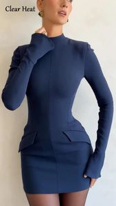 Elegante dunkelblaue Pendel-Minikleider 2023 Herbst Tasche Langarm Sexy figurbetonte Kleider Lady Chic Party Club Robe 240115