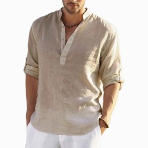 T-shirt a maniche lunghe in lino da uomo T-shirt casual allentata in tinta unita Camicia a maniche lunghe in cotone e lino Camicie taglie forti Uomo 240115