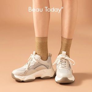 Gai Beautoday Scunky Sneakers Women Mesh Leather Platform أحذية مختلطة ألوان الدانتيل سيدة عصرية مدربين سميكة الوحيدة المصنوعة يدويًا 29401 240115