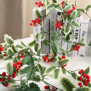 Decorative Flowers Christmas Decoration Rattan Artificial Holly Berry Flower Vine Green Leave Garland Xmas Tree Hanging Year Table Decor