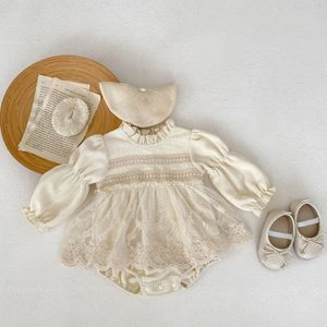 Autumn Girl Infant Waffle Ruffle Long Sleeve Mesh Dress Bodysuit Baby Solid Embroidery Flower Fashion Cotton Onesie Baby Costume 240116