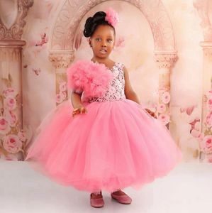 Pink Flower Girl Dresses Sheer Neck Beaded Lace Tiered Tulle Ball Gowns Flowergirl Dress Girls Birthday Party Dresses Princess Daughter and Mother Dresses NF009