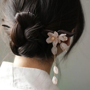 Hair Clips Wooden Hairpin Chinese Stick Pink Floral Tassel Clasp Vintage Girls Hanfu Decor Tiaras Retro Wedding Bun Jewelry