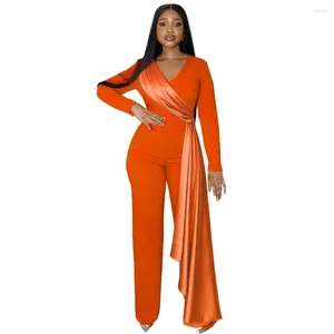 Etniska kläder Eleganta afrikanska kläder för kvinnor 2024 Autumn Long Sleeve V-Neck Green Black Orange Blue Jumpsuit
