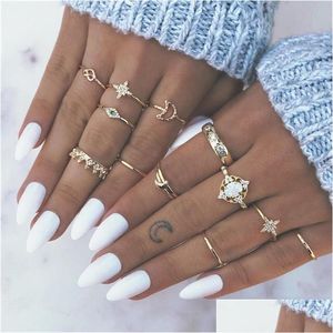 Band Rings Vintage Star Opal Crystal Finger Ring Set 13Pcs Bohemian Gold Moon Crown Knuckle Women Beach Wedding Party Jewelry Accesso Dhzq8