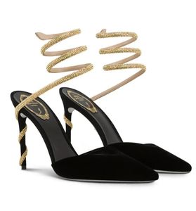 Знаменитые летние сандалии Renecaovilla Margot, женская обувь со змеиной оберткой на высоком каблуке с кристаллами и ремешками на пятке, туфли-лодочки для вечеринки, свадьбы, EU35-43.Коробка