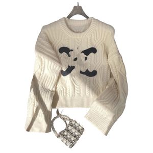 Women's o-neck long sleeve coarse wool knitted terry cloth logo embroidery sweater tops jumpers