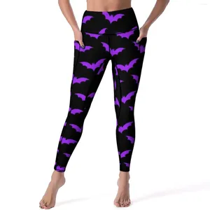 Leggings femininas halloween morcegos calças de yoga sexy preto e roxo impresso cintura alta correndo leggins feminino kawaii elástico