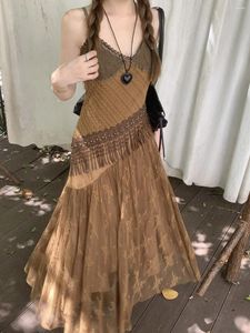 Lässige Kleider Ethnischer Stil Unregelmäßiger Spaghettiträger Fee Boho Hippie Kleid Frauen Quaste Mesh Nähte Spice Girl Sommer Strand Slim