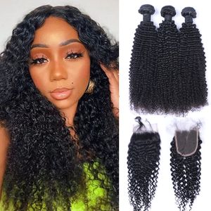 Brazilian Kinky Curly Human Virgin Hair 3 Bundles With 4x4 Lace Closure Bleached Knots 100g pc ral Black Color 1B Double Wefts Hair Extensions