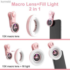 Selfie Lights 15x Macro Lens Mobiltelefon HD Camera Lens med LED Ring Flash Light Smartphone Selfie Live Lamp Fill Lightl240117