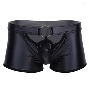Underpants Men Iron Ring Underwear Matte Patent Leather Shorts Soft Sexy Lingerie Hip-Hop Boxer Hollow Out Large Size Boxers