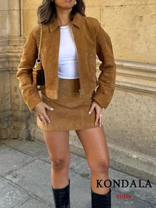 KONDALA Casual Vintage Solid Women Suit Turndown Collar Zipper Short Jackets Slim Mini Skirt Fashion 2023 Autumn Sets 240115