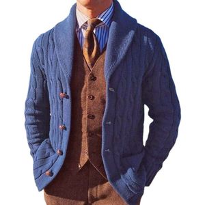 Europeu e americano outono e inverno novo masculino fino ajuste manga comprida jaqueta de malha com lapela azul cardigan jaqueta camisola
