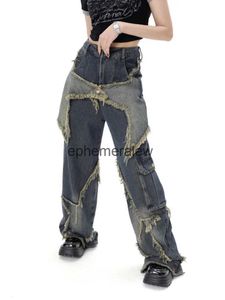 Kvinnors jeans nya kvinnor stjärna stitch tassel byxor amerikanska retro high street jeans lösa breda ben byxor trendiga punk y2k pantsephemeralew