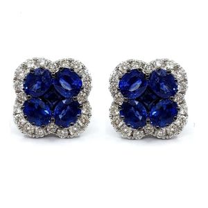 Blue Sapphire Natural Design Solid White Gold Diamond Fine Jewelry Flower Form Oval Color Cluster Earring Stud för kvinnor