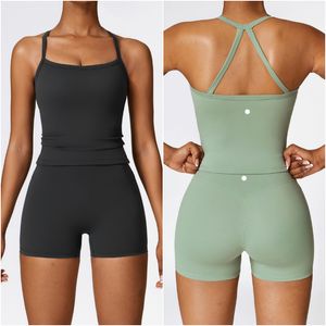 LL-8519 Womens Yoga Outfit Conjuntos de Yoga Colete Calças Curtas Excerise Esporte Ginásio Correndo Trainer Shorts Casuais Elástico Cintura Alta Sportwear